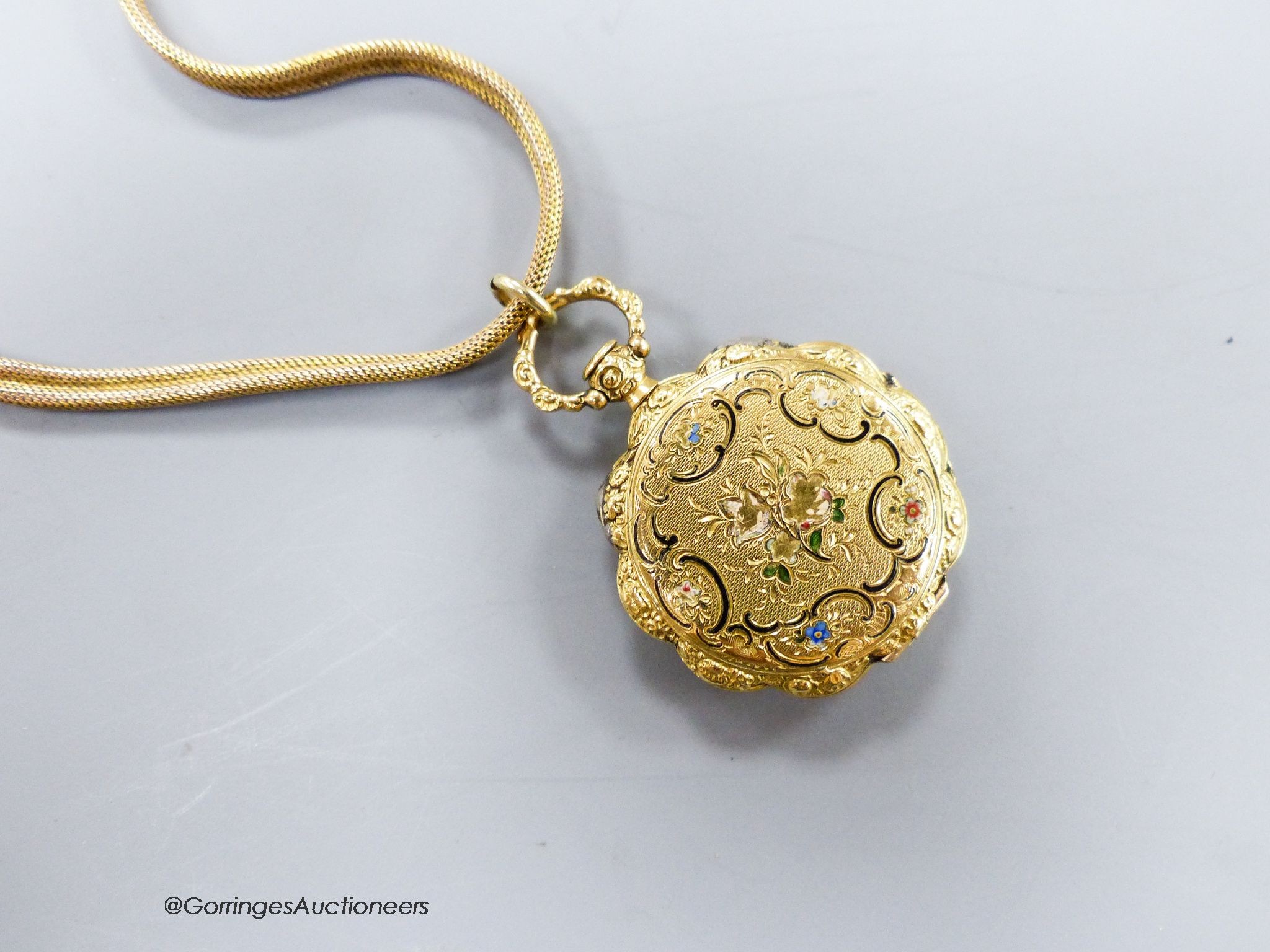 A lady's late 19th century enamelled yellow metal open faced fob watch (soldered shut), on a yellow metal snake link chain, gross 20.4 grams.